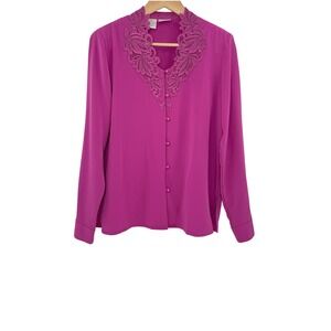 Liz Baker Magenta Lace Applique Button Down‎ Long Sleeve Blouse Size 8